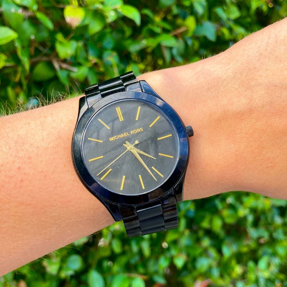 Michael Kors oversized slim runway black and gold watch